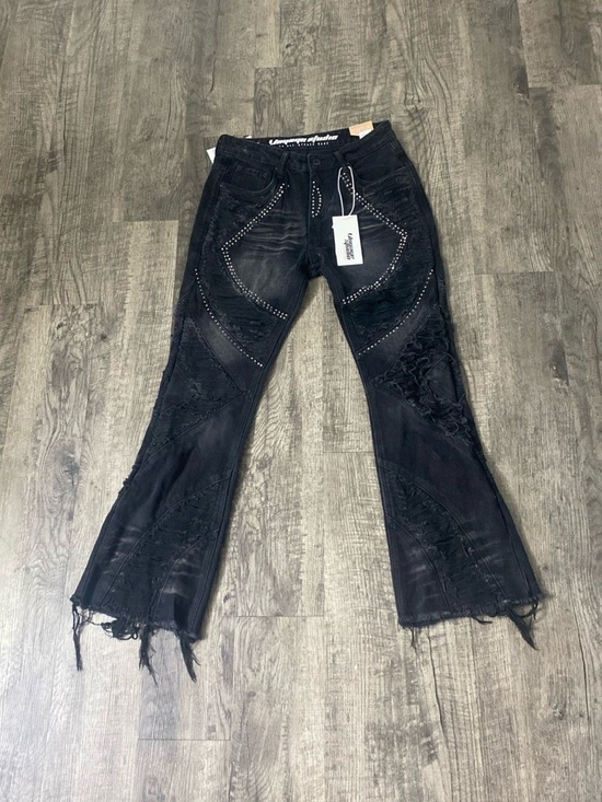 voyager Denim - Distressed Black Flare Jeans with Stud Detailing